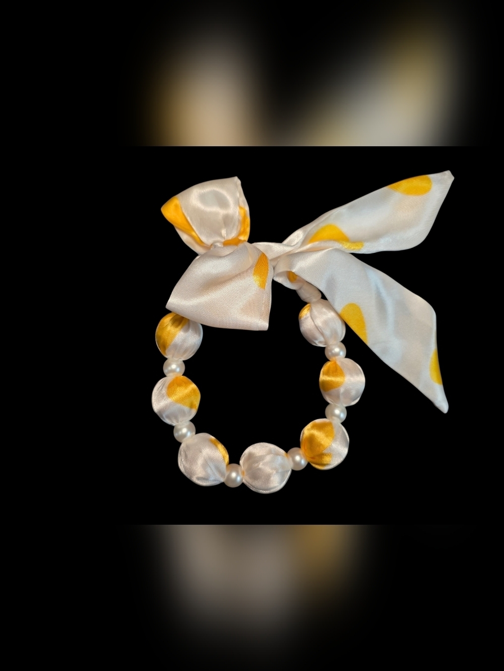 Satin Beaded Ribbon Phone Wristlet Bracelet in White And Yellow